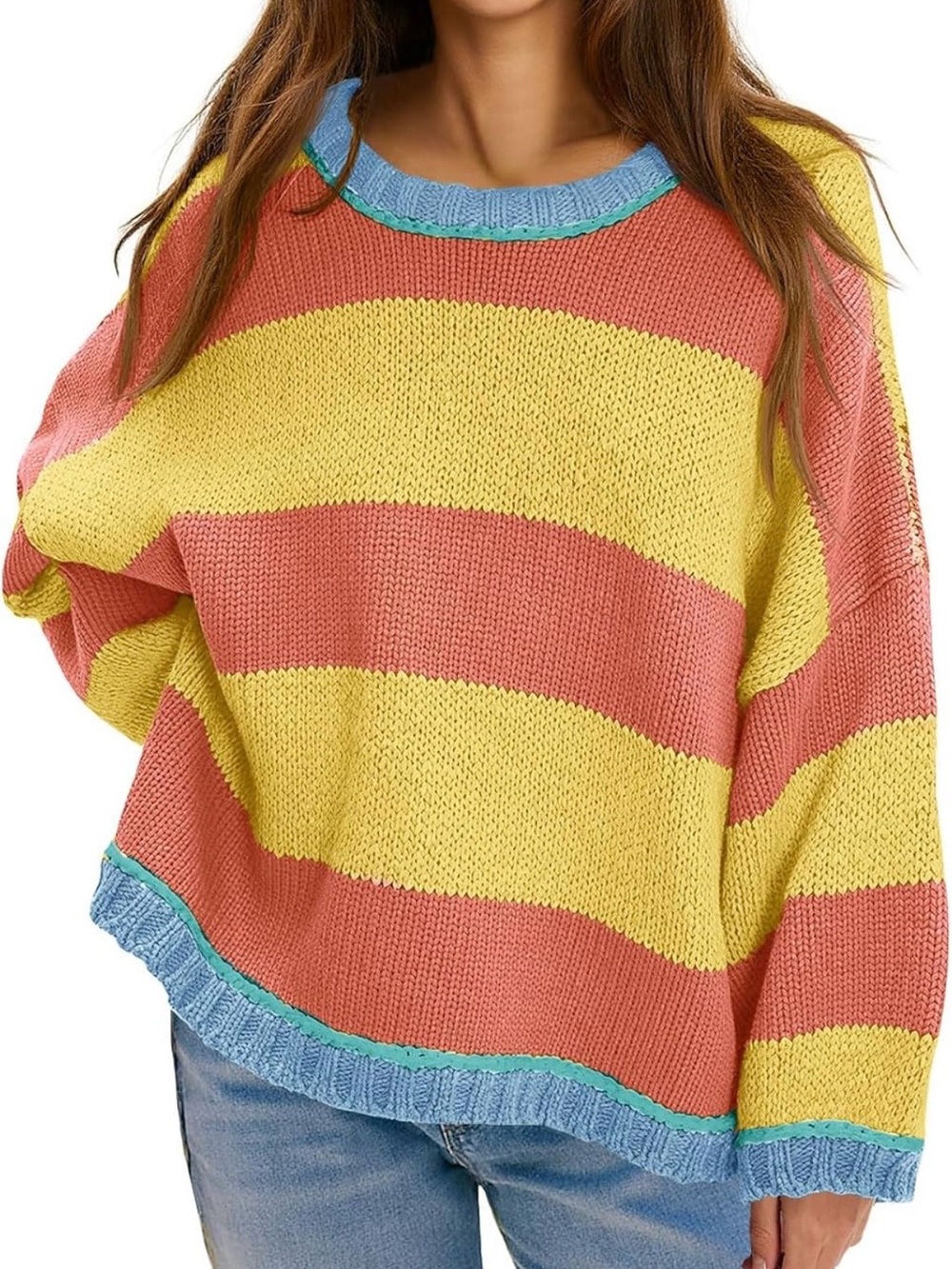 Striped Oversized Sweatshirt - Coral and Yellow